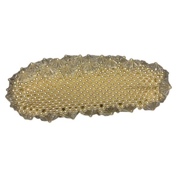 Vintage White Round and Clear Floral Beaded Double Handle Handbag Purse - Picture 9 of 9